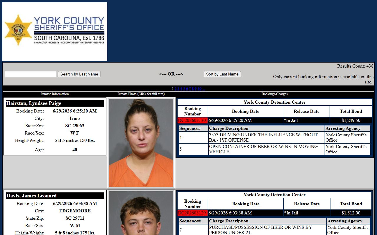 York County inmate population current roster search fields and booking records