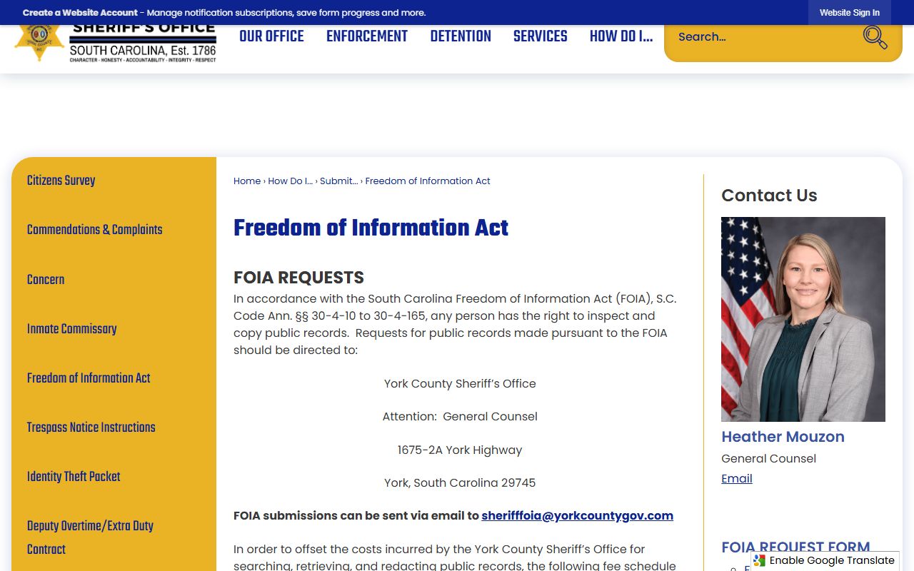 York County FOIA page for requesting jail mugshots and booking records