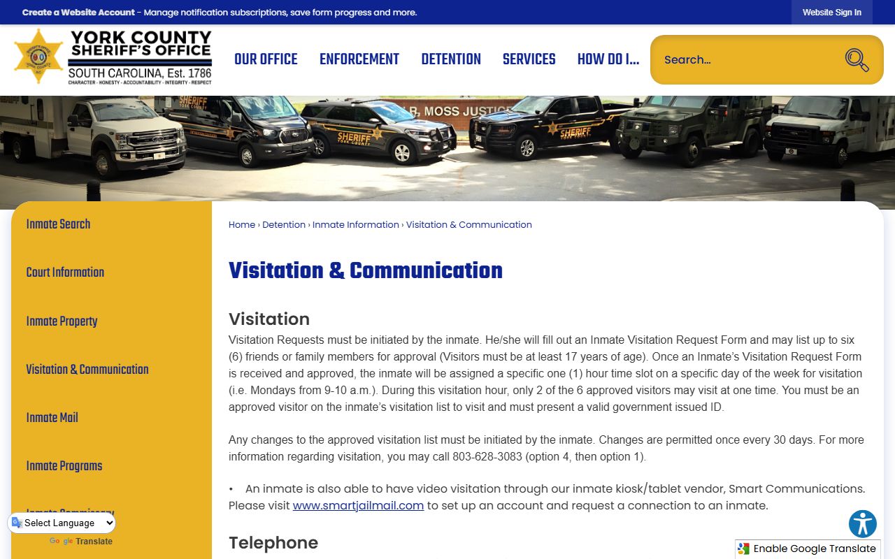 York County Detention Center Annex visitation and SmartJailMail communication rules